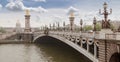 Panorama with Pont Alexandre III Bridge and overlooking the old city, cloudy day. France Paris