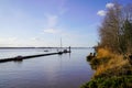 Panorama of a pontoon for mooring boats in winter garonne river france