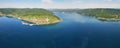 Panorama of the port of Baikal and the source of the Angara River. Lake Baikal in summer.