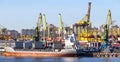 Panorama of the port quay with a big boat in the background of the buildings Royalty Free Stock Photo