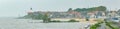 Panorama of the port town of Urk, view from the breakwater, lighthouse