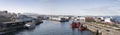 Panorama of the port of Vigo, Pontevedra, Galicia, Spain. Cies islands on the estuary at background Royalty Free Stock Photo