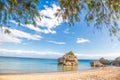 Panorama of Porto Zorro beach against colorful flowers on Zakynthos island, Greece Royalty Free Stock Photo