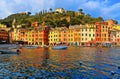 15.03.2018. Panorama of Portofino, picturesque Italian fishing village, Genoa province, Italy. A vacation resort with a picturesqu