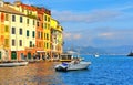 15.03.2018. Panorama of Portofino, picturesque Italian fishing village, Genoa province, Italy. A vacation resort with a picturesqu