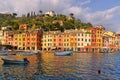 15.03.2018. Panorama of Portofino, picturesque Italian fishing village, Genoa province, Italy. A vacation resort with a picturesqu