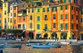 15.03.2018. Panorama of Portofino, picturesque Italian fishing village, Genoa province, Italy. A vacation resort with a picturesqu