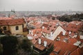 Panorama of Prague with red roofs and Church. City view of Praha old city. Rustic grey colors toning Royalty Free Stock Photo