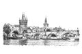 Charles Bridge (Karlovy Most) and the Vltava river embankment, Prague, sketch illustration.