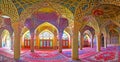 Panorama of the prayer hall of Pink Mosque, Shiraz, Iran Royalty Free Stock Photo