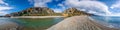Panorama of Preveli beach at Libyan sea, river and palm forest, southern Crete.
