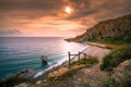 Panorama of Preveli beach at Libyan sea, river and palm forest, southern Crete. Royalty Free Stock Photo