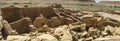 Panorama of Pueblo Bonito great house ruins in Chaco Canyon National Historic Park, New Mexico. Vast Anasazi pueblo ruins, rooms,