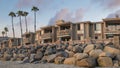 Panorama Puffy clouds at sunset Panoramic view of the beach at Oceanside in California during su