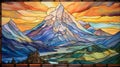 panorama raspy stained glass embossed find edges sunrise over the mountain,generated with AI. Royalty Free Stock Photo