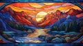 panorama raspy stained glass embossed find edges sunrise over the mountain,generated with AI. Royalty Free Stock Photo