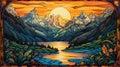 panorama raspy stained glass embossed find edges sunrise over the mountain,generated with AI. Royalty Free Stock Photo