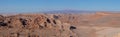 Panorama of the red rock and salt formations of the Valle de la Luna, Valley of the Moon, in the Atacama Desert. Royalty Free Stock Photo