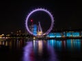 Panorama reflection of tourist ferris wheel Millennium London eye in Thames river at night England Great Britain UK