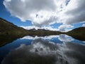 Panorama reflection view of Cordillera Huayhuash Circuit andes mountain lake Laguna Alcaycocha Ancash Peru South America