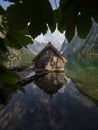 Panorama reflection of wooden boat house shed alpine mountain lake Obersee Fischunkelalm Berchtesgaden Bavaria Germany