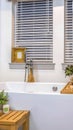 Panorama Relaxing bathroom interior with spotless white bathtub mirror and two windows