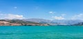 Panorama of reservoir Charvak on the background mountains