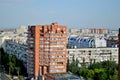 Panorama of residential areas of the summer city in the early morning from the height of the 16th floor of a residential building. Royalty Free Stock Photo