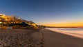 Panorama of resort beaches and Mango Deck with footprints leading towards the sunrise Royalty Free Stock Photo