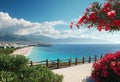 Panorama of the resort with the Sea, wide beach, scarlet oleander bush, wooden fence and lanterns in retro style Royalty Free Stock Photo