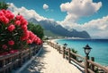 Panorama of the resort with the Sea, wide beach, scarlet oleander bush, wooden fence and lanterns in retro style Royalty Free Stock Photo