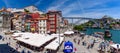 Panorama of Ribeira Square and Dom Luis I Bridge in Porto, Portugal