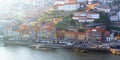 Panorama of the Ribera from the opposite riverside of the river Douro, Porto, Portugal. Colorful houses on the embankment. Wooden