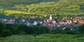 Panorama: Rimetea village Torocko in Hungarian or Eisenmarkt, Eisenburg, Traschen in German with white church and houses