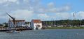 Panorama of the river Deben at Woodbridge with Tide Mill and Boats. Royalty Free Stock Photo