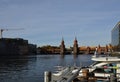 Panorama at the River Spree with the Bridge Oberbaumbruecke in Autumn in Kreuzberg - Friedrichshain in Berlin