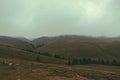 Panorama road after rains in Mountain Foggy Carpathian Mountains peaks on a foggy autumn morning with agriculture cows in field. B Royalty Free Stock Photo