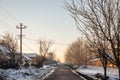 Panorama of a road and street in the village of crepaja, in Vojvodina, Banat, Serbia, in the countryside, during a cold freezing