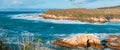 Panorama. Rocky cliffs, beach, hills, and California native forest, amazing view from Montana de Oro Bluff trail, CA Royalty Free Stock Photo