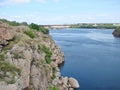 Panorama of blooming spring nature on the rocky shores of the Dnieper island of Khortytsia. Royalty Free Stock Photo