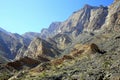 Panorama of the rocky mountains with unidirectional fractures, Wadi Bani Awf, Al Rustaq, South Batinah Governorate of Oman Royalty Free Stock Photo