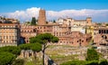 Panorama of Roman Forum Romanum with Forum of Caesar and Trajan`s Market in historic center of Rome in Italy Royalty Free Stock Photo