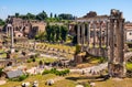 Panorama of Roman Forum Romanum with Temple of Saturn Aedes Saturni and ancient Via Sacra at in historic center of Rome in Italy Royalty Free Stock Photo