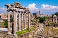 Panorama of Roman Forum Romanum with Temple of Saturn Aedes Saturni and ancient Via Sacra at in historic center of Rome in Italy