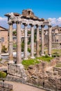 Panorama of Roman Forum Romanum with Temple of Saturn Aedes Saturni and ancient Via Sacra at in historic center of Rome in Italy Royalty Free Stock Photo