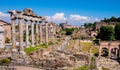 Panorama of Roman Forum Romanum with Temple of Saturn Aedes Saturni and ancient Via Sacra at in historic center of Rome in Italy Royalty Free Stock Photo