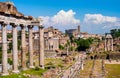 Panorama of Roman Forum Romanum with Temple of Saturn Aedes Saturni and ancient Via Sacra at in historic center of Rome in Italy