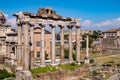 Panorama of Roman Forum Romanum with Temple of Saturn Aedes Saturni and ancient Via Sacra at in historic center of Rome in Italy Royalty Free Stock Photo