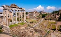 Panorama of Roman Forum Romanum with Temple of Saturn Aedes Saturni and ancient Via Sacra at in historic center of Rome in Italy Royalty Free Stock Photo