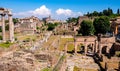 Panorama of Roman Forum Romanum with Temple of Saturn Aedes Saturni and ancient Via Sacra at in historic center of Rome in Italy Royalty Free Stock Photo